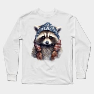 Raccoon in a warm hat and scarf winter Long Sleeve T-Shirt